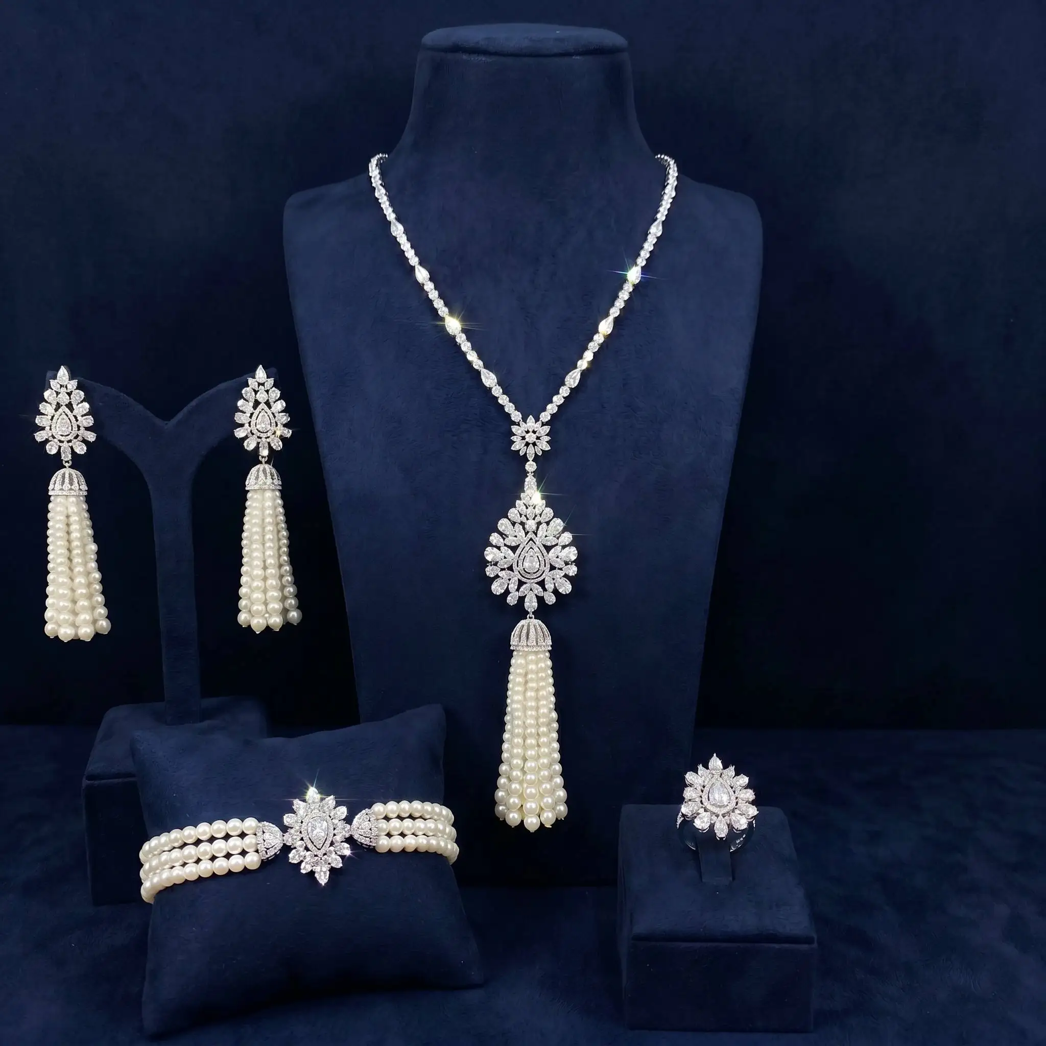 Bride Talk Luxury 4PCS Pearl Tassel Fringe Jewelry Set Floral Sunburst CZ Zirconia Bridal Dubai African Wedding Accessories