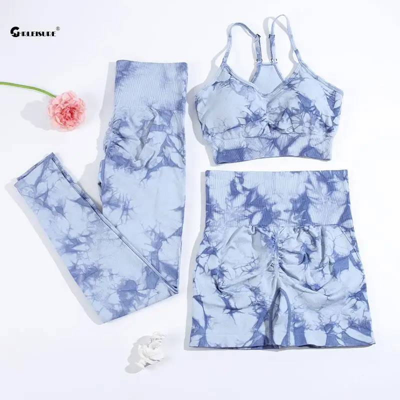 CHRLEISURE 2/3PCS Tie Dye Yoga Set Seamless Sports Suit for Women Elastic Gym Athletic Fitness Outfit Outdoor Running Sportswear