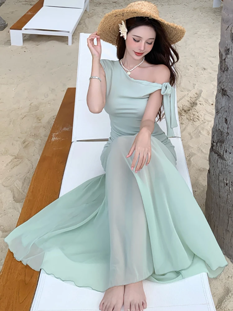 Zomer Solid Mesh Chic Diagonale Kraag Sexy Lange Jurk Vrouwen Elegante Bodycon Sheer Jurk 2025, Koreaanse Luxe Festival Feestjurk