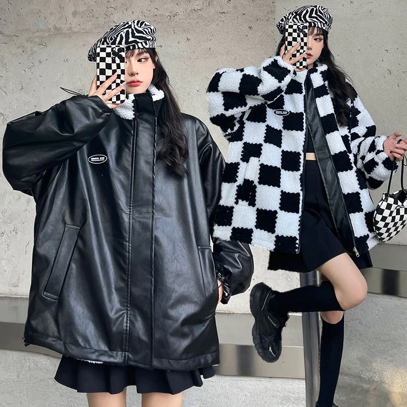 

Black Lamb Fur PU Leather Cotton Jacket Women's Design Vintage Plaid Double-Sided Wear Cotton Coat Outerwear Winter New Arrival