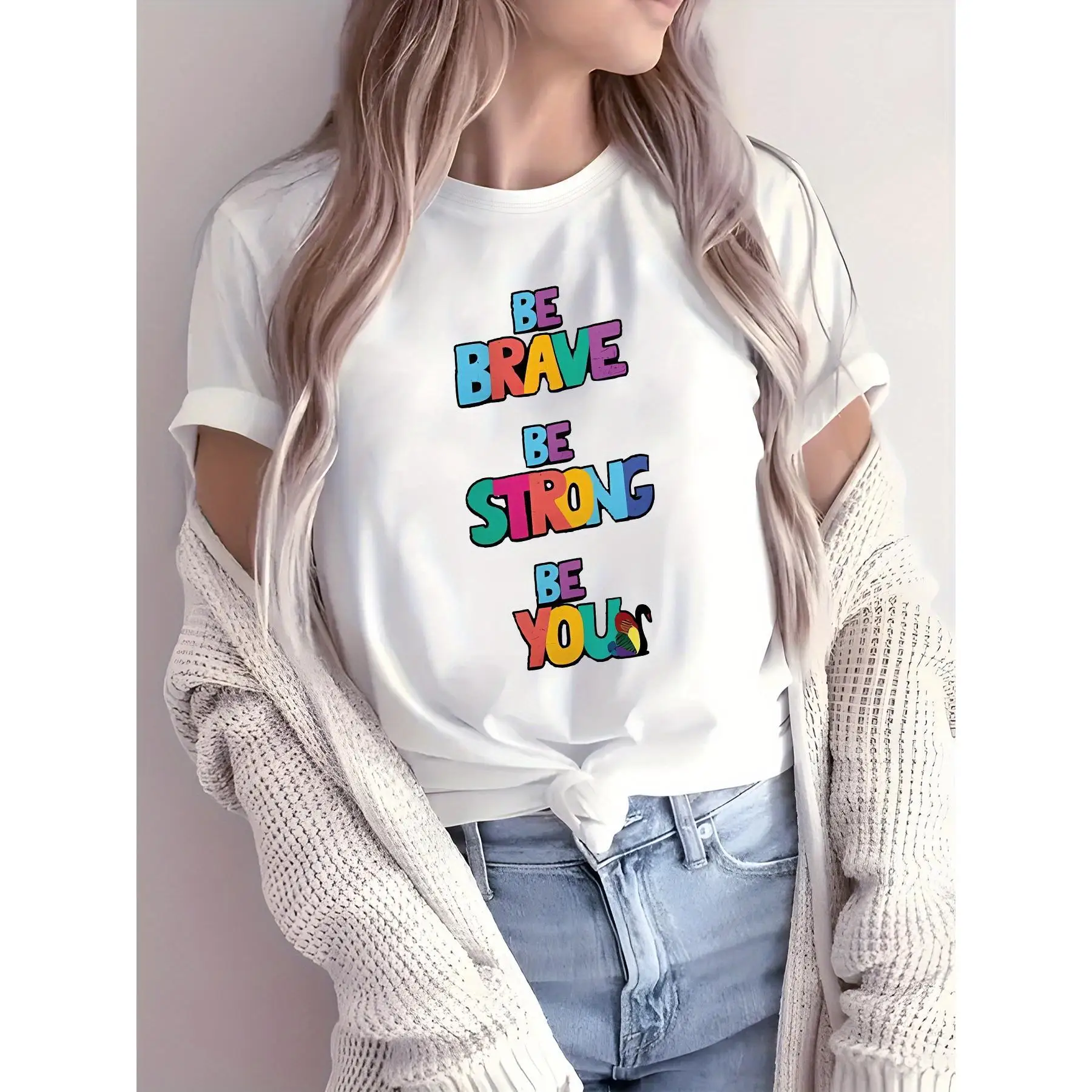 

Women's Be You Inspirational T-Shirt, Motivational Graphic Tee, Be Brave Be Strong Slogan Top, Positive Vibes Casual Shirt