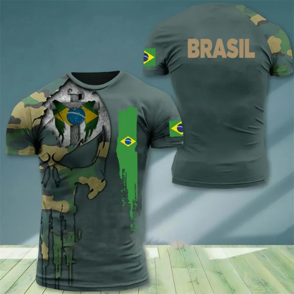 Customization Brazil Flag Men's T-Shirt 3D Print Brazilian T Shirt Summer Oversized Jersey Camo Veterans Short Sleeve Sports Tac