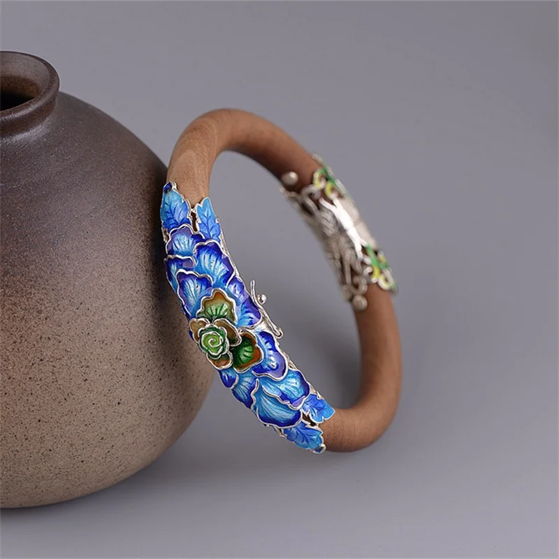 

China Chic 925 Silver Enamel Peony Bangles for Women Natural White Sandalwood Bracelet Vintage Flower Bangle Trendy Floral Jewel