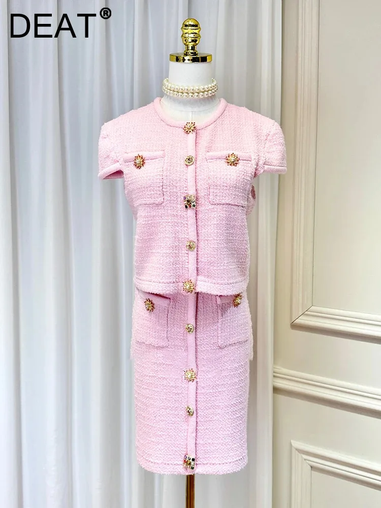 

Женский комплект из двух предметов DEAT, однобортный Топ с круглым вырезом и юбка с высокой талией, со стразами и коротким рукавом, 2024, 15C457