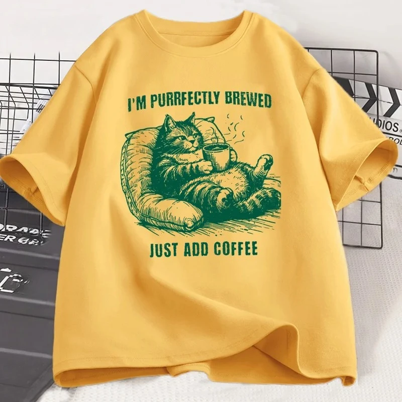 T-shirt grafica retrò divertente gatto caffè T-shirt per amanti dei gatti T-shirt da donna retrò a maniche corte con collo casual T-shirt estetica estiva streetwear