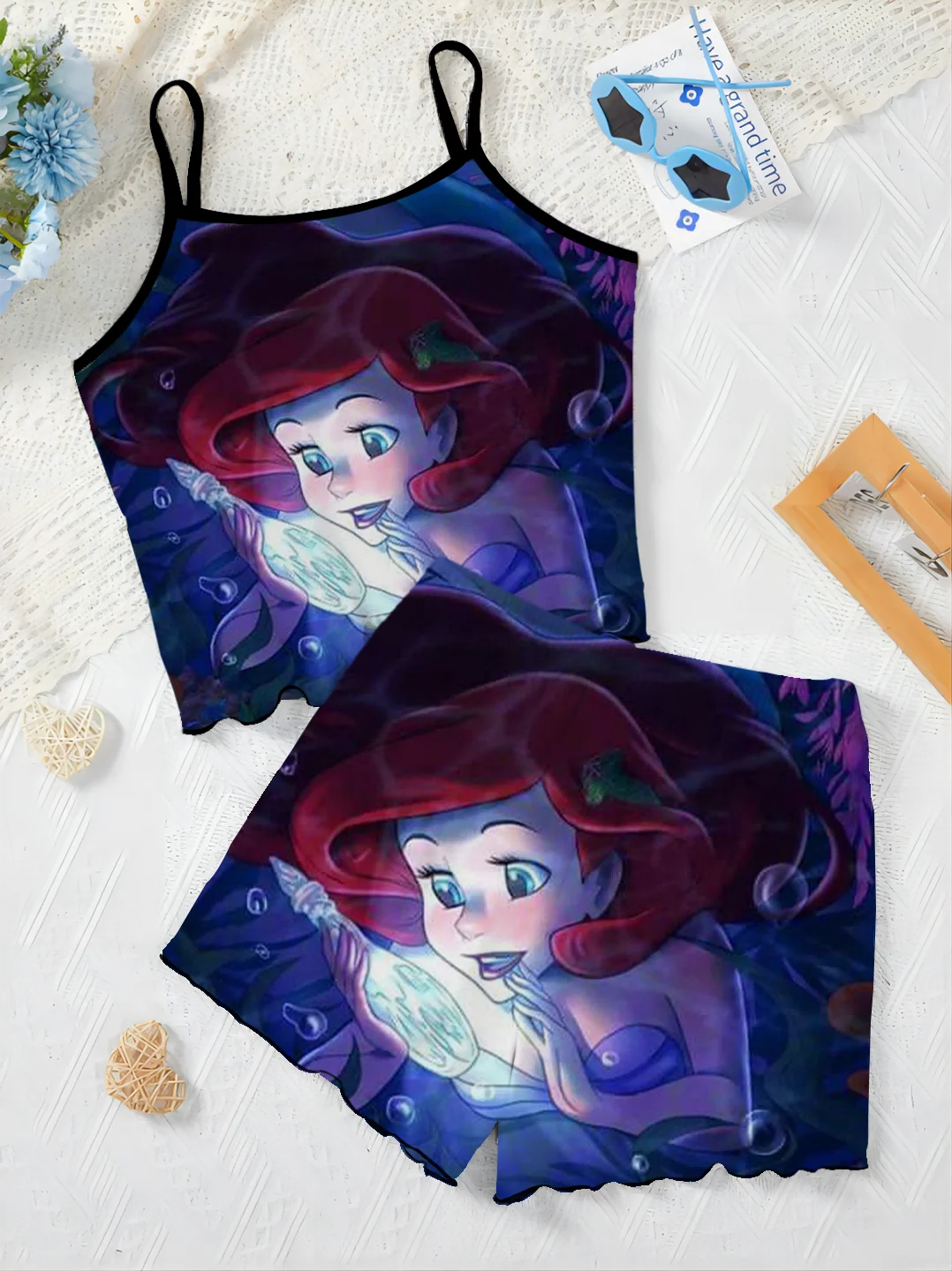 T-shirt Sałata Trim Krótkie zestawy dla kobiet 2-częściowy top Disney Mermaid Slip Dress Piżama Spódnica Nowy dwuczęściowy zestaw Elegancki damski