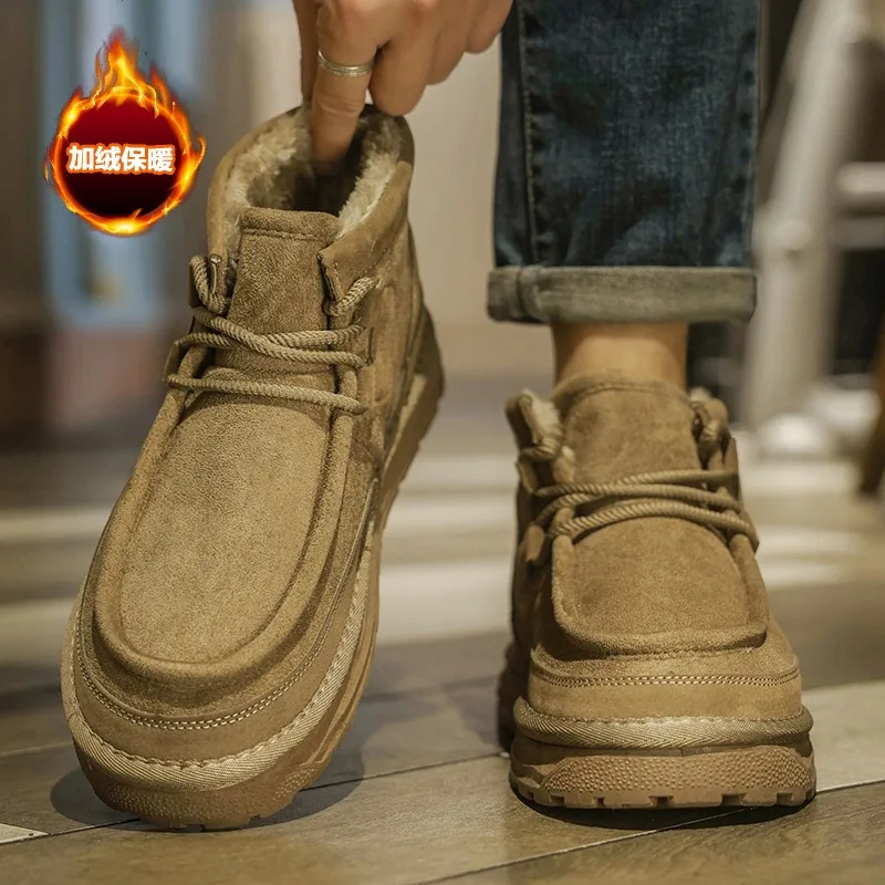

Мужские зимние теплые шерстяные сапоги 2026, базовые ботинки, мужские утепленные повседневные хлопковые сапоги, нескользящие мужские ботинки на шнуровке