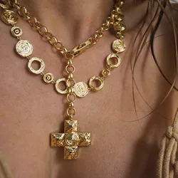 Tarnish Free 18k Gold Plated Stainless Steel Vintage Cross Pendant Necklace for Women Spiral Vortex Chunky Chains Choker Jewelry