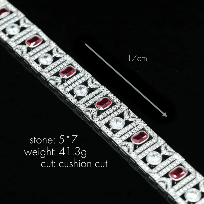 925 Silver gold plated bracelet High carbon diamond pigeon blood synthetic red corundum pillow shape Western antique