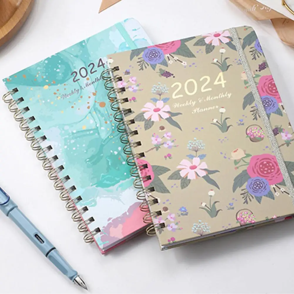 High-quality Paper Planner Floral Print 2024 Monthly Planner Exquisite Coil Design Schedule Book for Home Office Stay Organized