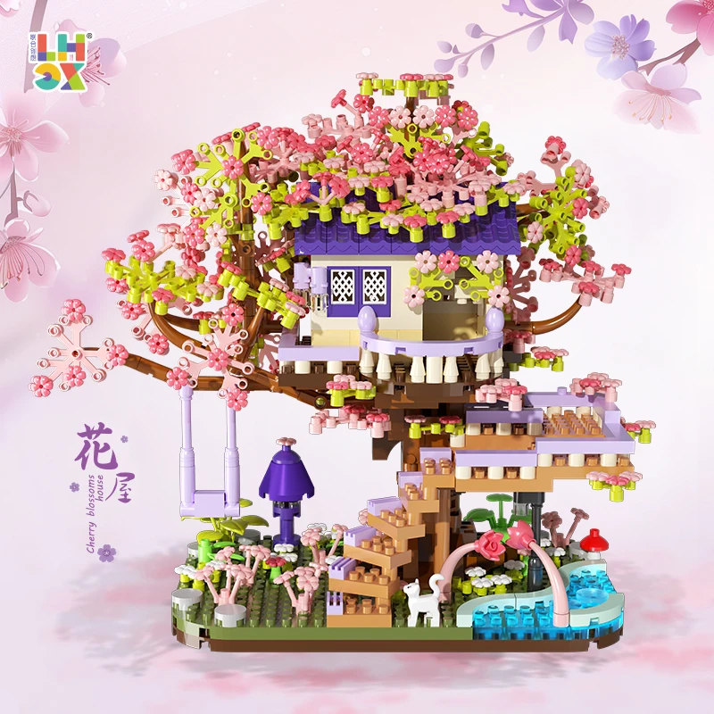 ของเล่นประกอบต้นบอนไซเชอร์รี่สำหรับเป็นของขวัญงานประดิษฐ์ทำมือบล็อกตัวต่ออิฐอนุภาคขนาดเล็กสำหรับเด็กแฟนสาว
