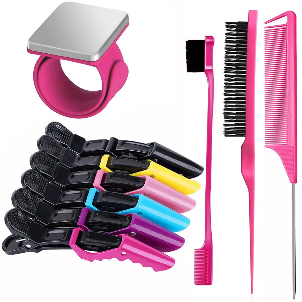 Herramientas para peinar el cabello, pulsera magnética de gel y silicona para trenzadores, correa de muñeca negra, con 3 peines de cola de rata y clips de 6 p