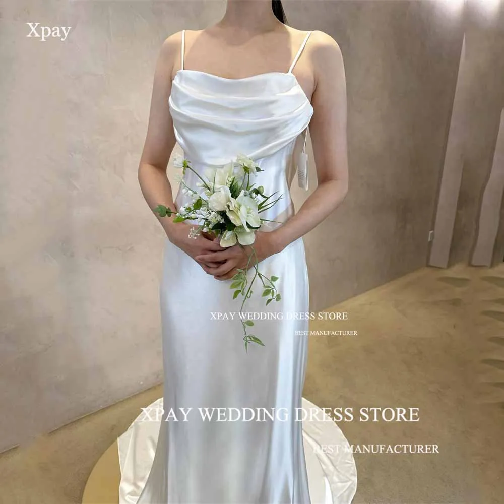 

XPAY Sweetheart Korea Mermaid Wedding Dress Silk Satin Long Sleeveless Bridal Gown Photos Shoot Open Back Pleats Bride Dress