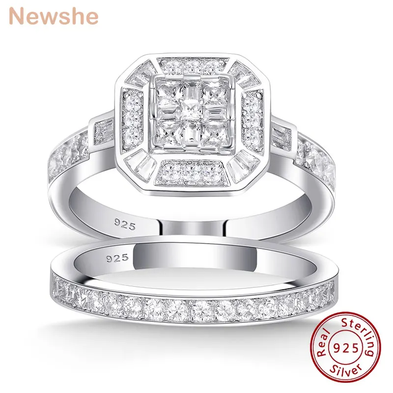 Newshe 925 Silver Engagement Wedding Rings for Women CZ Diamond Ring Set Original Certified Vintage Fine Jewelry BR2033