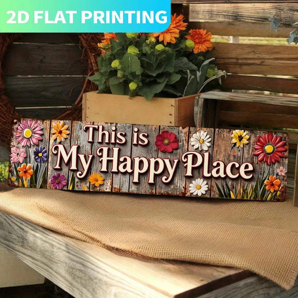 Farmhaus-Metall-Wanddekoration - 'This Is My Happy Place' Plakette, Blumendesign - Rustikaler Stil, Hängedekoration für das Wohnzimmer