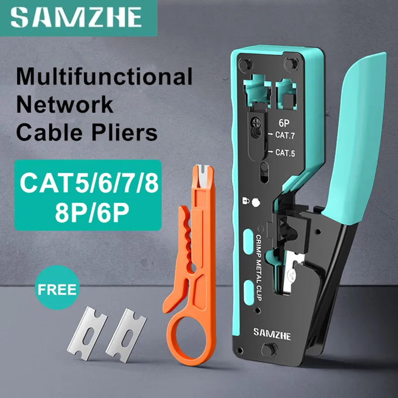 

SAMZHE RJ45 Crimp Tool Pass Through Ethernet Crimping Tool for Cat6 Cat5 Cat5e RJ45 Connectors with Simple wire stripper & blade