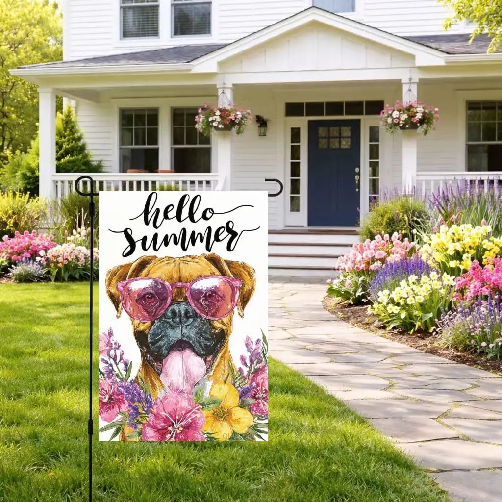 Boxer Dog Garden Flag 12x18 Double Sided - Hello Summer Garden Flags for Outside, Welcome Boxer Dog Yard Flag, Spring Summer kkz