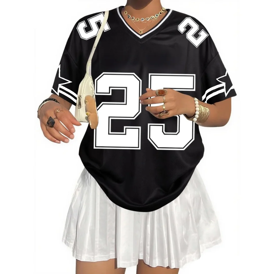 قمصان جيرسي كبيرة الحجم للنساء فضفاضة برقم جرافيك تي شيرت برقبة على شكل V Y2k ملابس الشارع الشهير قمة الموضة متجر الملابس النسائية #1