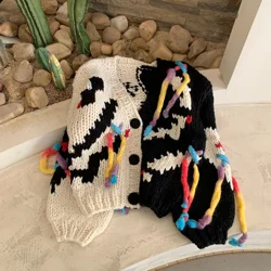 Women Multi Color Tassels Chunky Cardigan 2024 Autumn Winter Handmade Sweater Jumper Outwear Niche Design