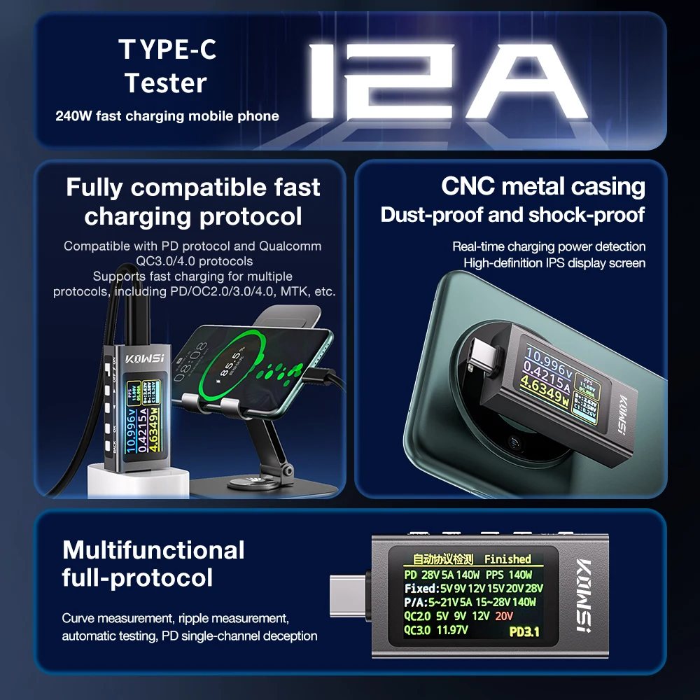 Farbbildschirm Typ-C-Tester Genauigkeit Strom Spannungsdetektor Leistungsmesser Schnellladespannung Amperemeter für Handy Power Bank