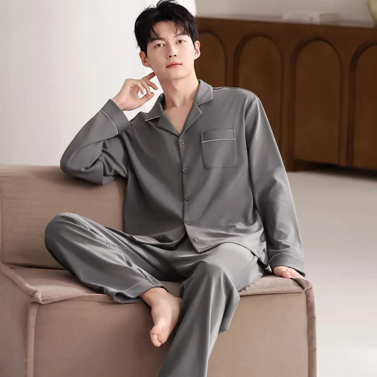 

Men's Pajamas, Spring and Autumn Style, Casual Style, Men's Summer Thin Long-Sleeved Large Size Men's Versatile Pullover Home Wear Set