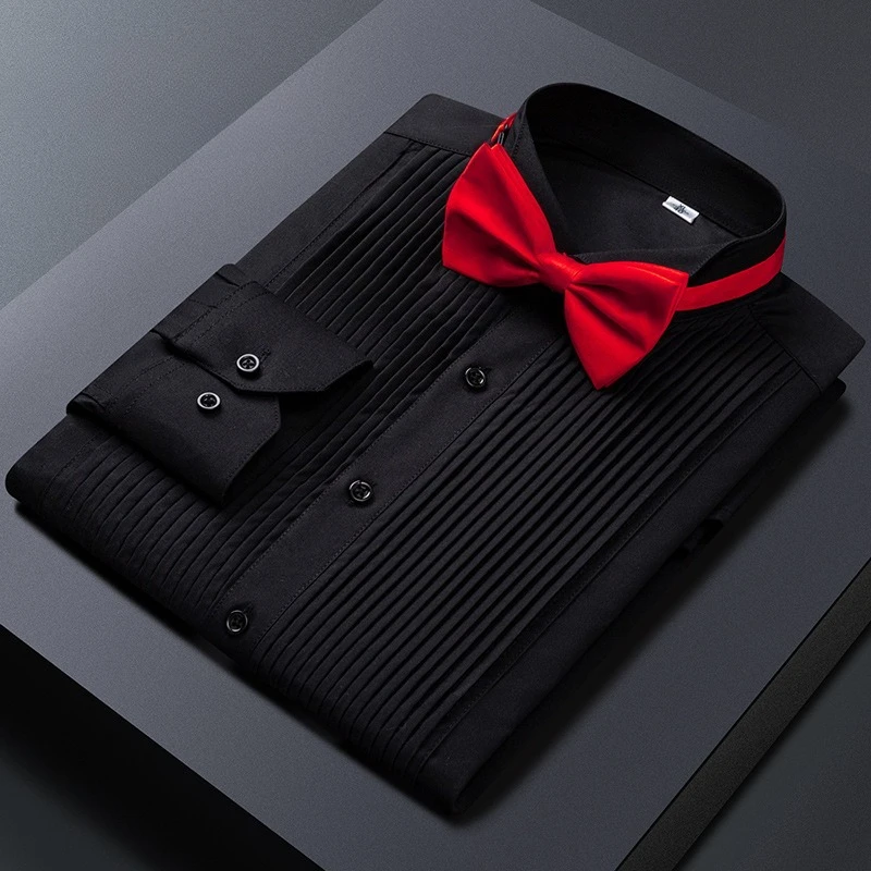 

Black White Winged Collar Dress Shirt Men Wingtip Tuxedo Formal With Shirts Red Black Bow Tie Party Dinner Wedding Bridegroom