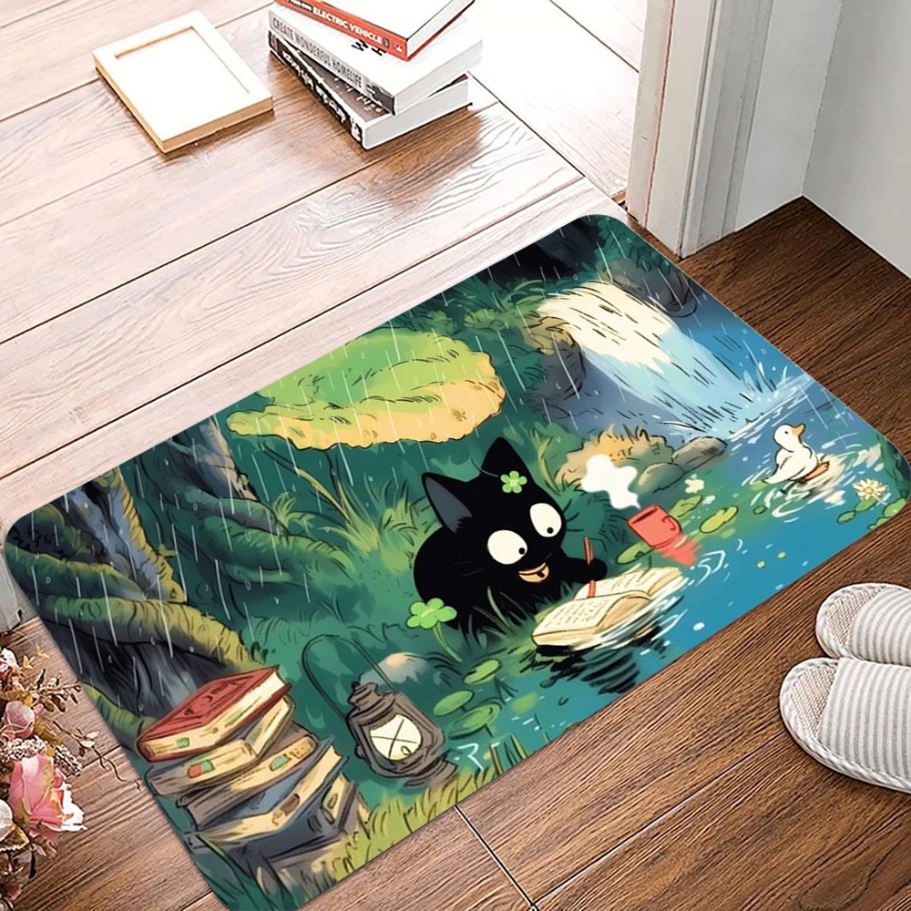 Cute Cartoon Cat Fish Reading By The River Green Forest Entrance Mat Welcome Mat Entrance Door Floor Mat Halloween Anime Rug