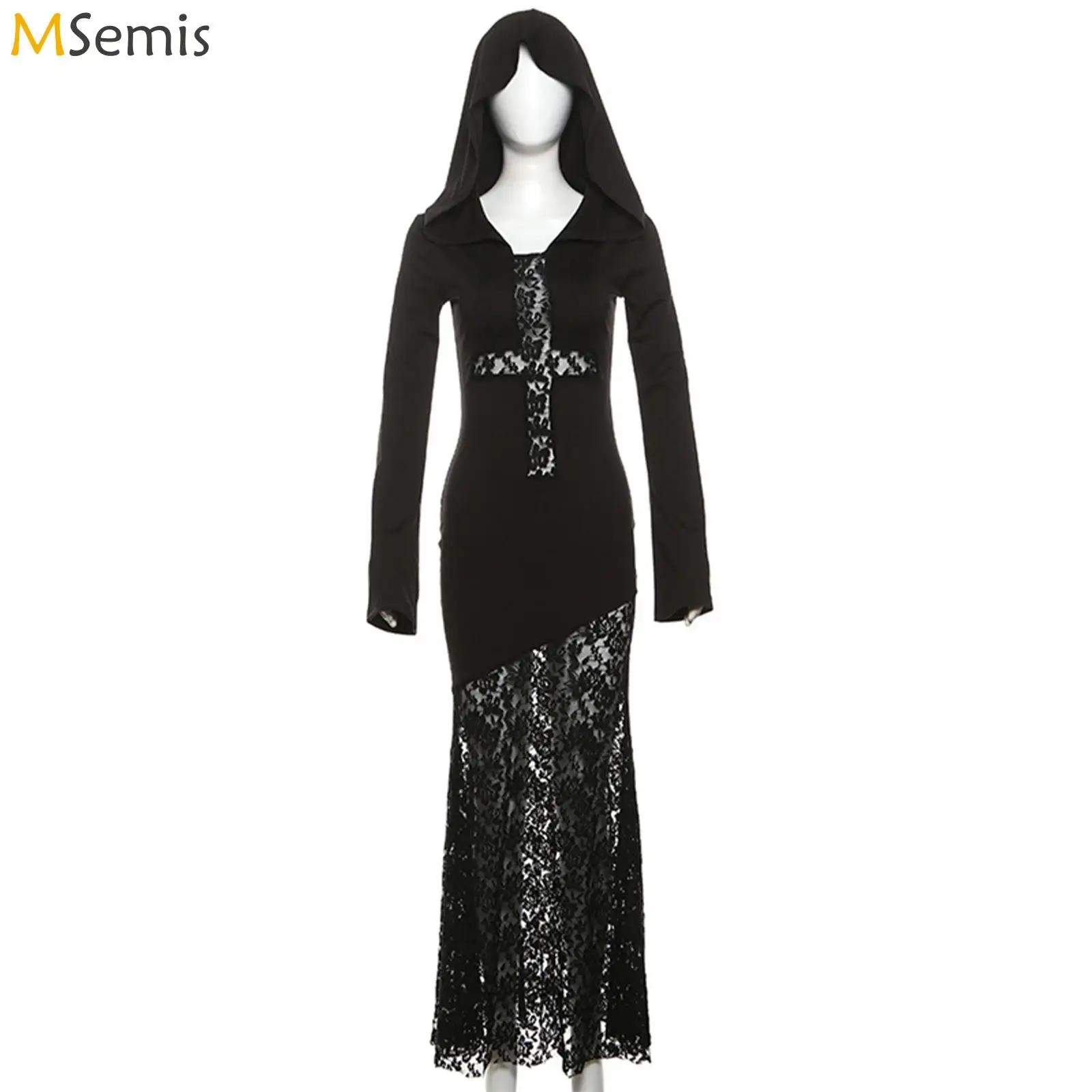 

Womens Halloween Vampire Witch Hooded Dress Renaissance Cosplay Costume Gothic Steampunk Sheer Floral Lace Patchwork Maxi Dress