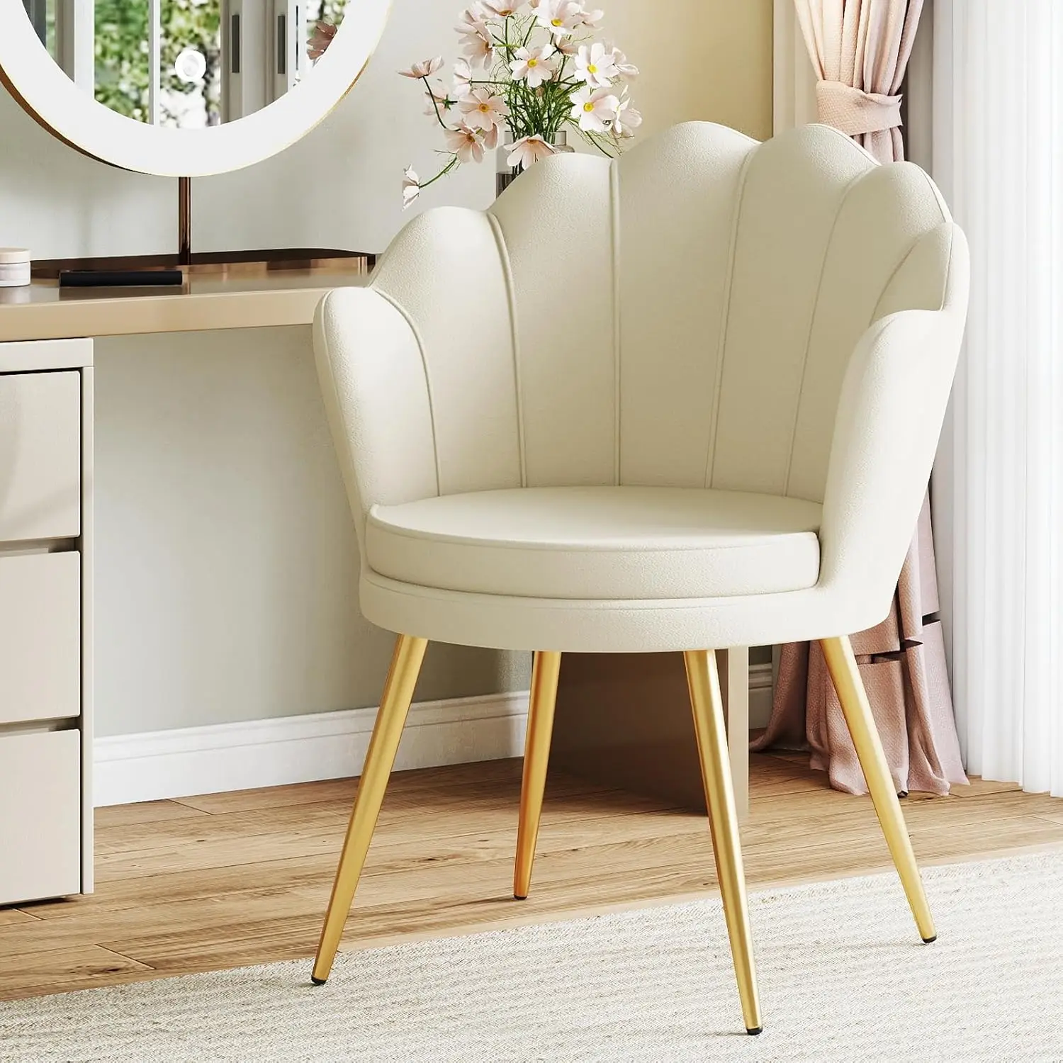 Velvet Shell Accent Chair Upholstered Vanity Chair Gold Metal Legs Living Room Bedroom Makeup Guest Side Chair, Customized
