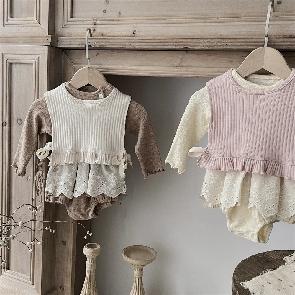 Autumn Spring Infant Baby Girl 2PCS Clothes Set Cotton Lace Patched Long Sleeve Romper Solid Ribbed Smock Outwear Princess Suits