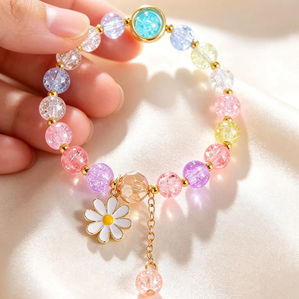 Crackle Crystal Beaded Daisy Bracelet Set Sweet Floral Stackable Charm Wristbands For Young Girls