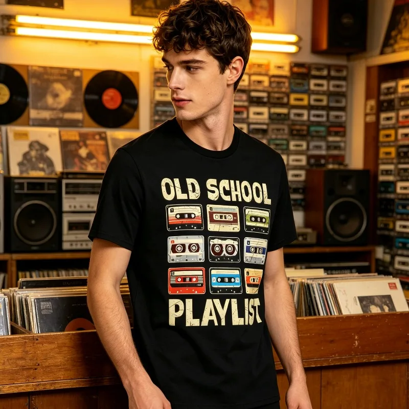 Old School Playlist Cassette Tape Print 100% Cotton Graphic Tee Men’s Casual Crew Neck T-Shirt for Retro Music Lover Streetwear