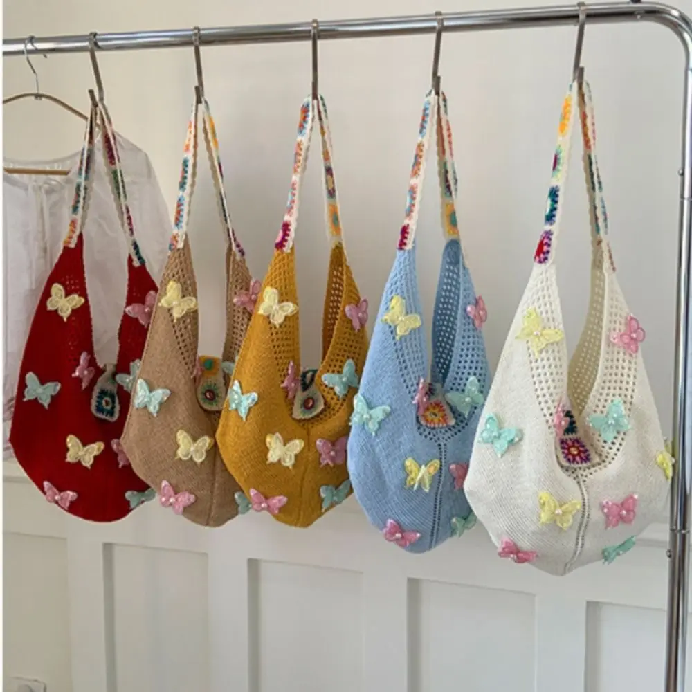 

Fashion Large Capacity Women Shoulder Bag Butterfly Floral Crochet Hollow Out Knitted Crossbody Bags Vintage Multicolor Handbag