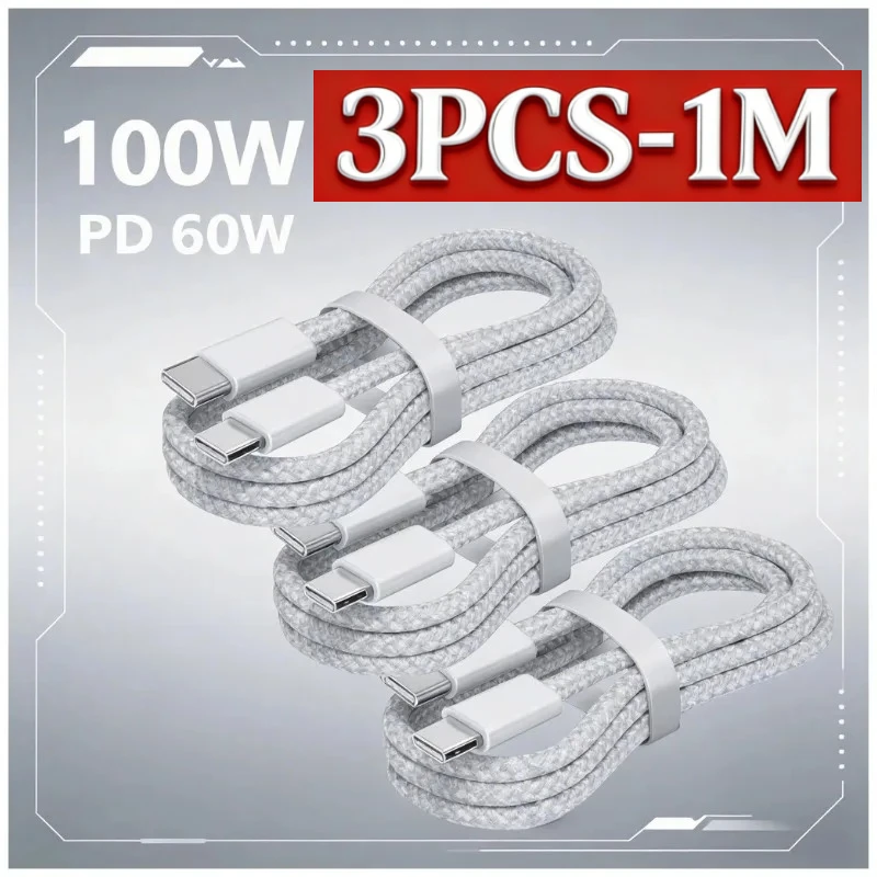 Câbles de charge super rapide USB C vers USB C 100W, cordon de charge rapide PD pour IPhone 16 15 Plus Pro Max Samsung Xiaomi Huawei, 3/1 pièces