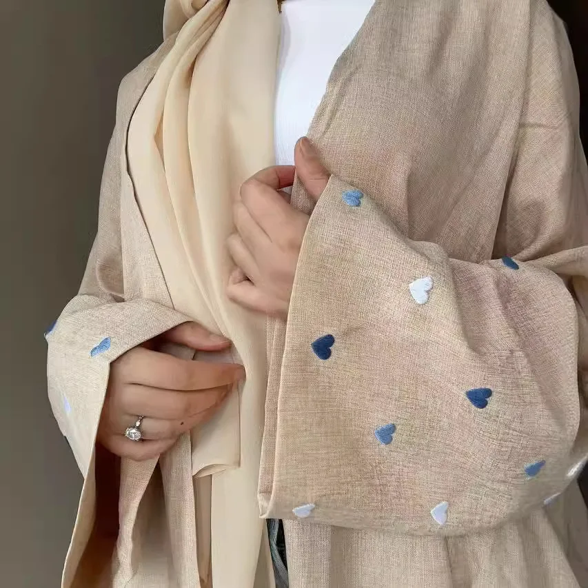 

High Quality Women's Maxi Casual Abaya Open Kaftan Cardigan Embroidery Lovely Heart Cotton Linen Islamic Abaya