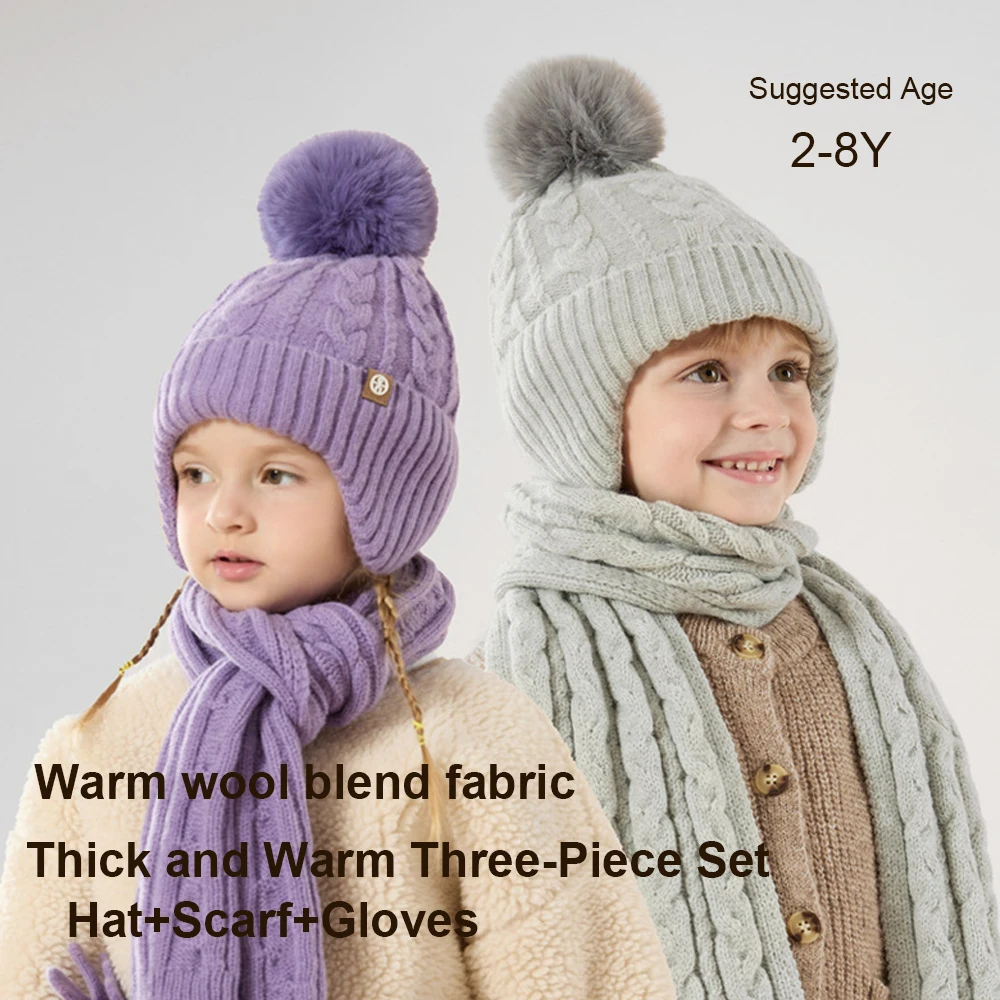 

Children's 3pcs Set Fleece Knitted Warm Cold-Proof Ball Hat Scarf Gloves Combo Baby Earmuffs Hat Scarf Gloves Ensemble