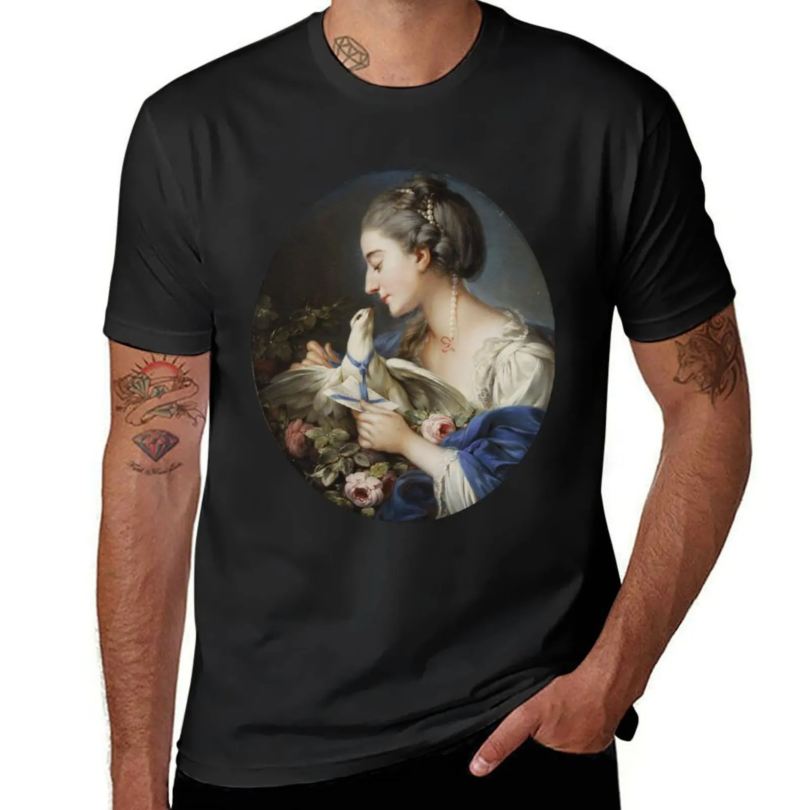 Young Woman fastening a Letter to the Neck of a Pigeon (1760) - Johann Christian von Mannlich T-Shirt plain mens cotton t shirts