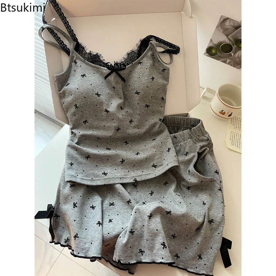 

New 2025 Women's Summer Sweet Bow Tank Tops Shorts Two-piece Set Lace Sexy T-shirts Y2k Clothing Camis Coquette Sling for Women