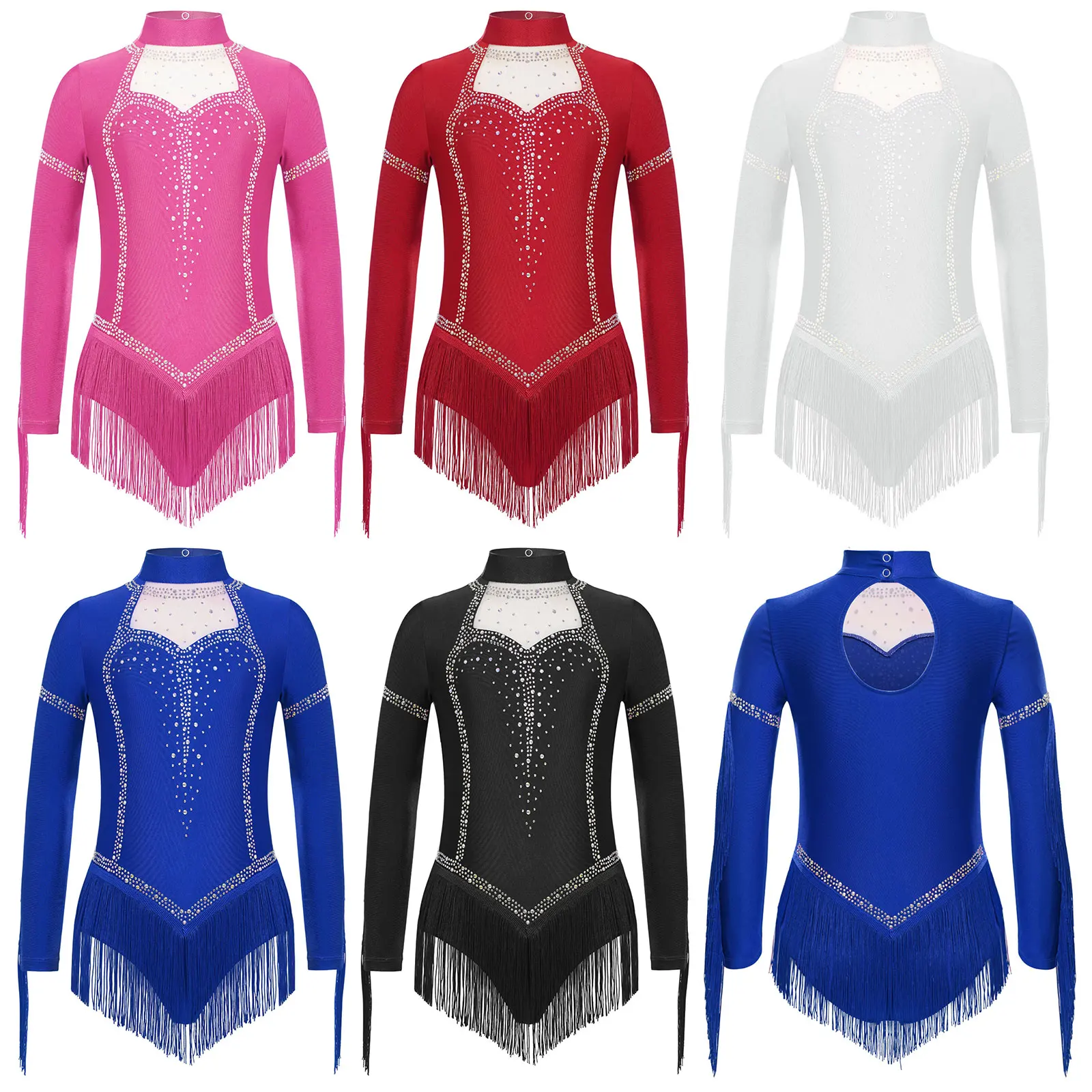 ชุดเต้นรำละตินสำหรับเด็กผู้หญิง ชุดสเก็ตน้ำแข็ง ชุดเดรสแต่งพู่ แขนยาว ชุดบัลเลต์