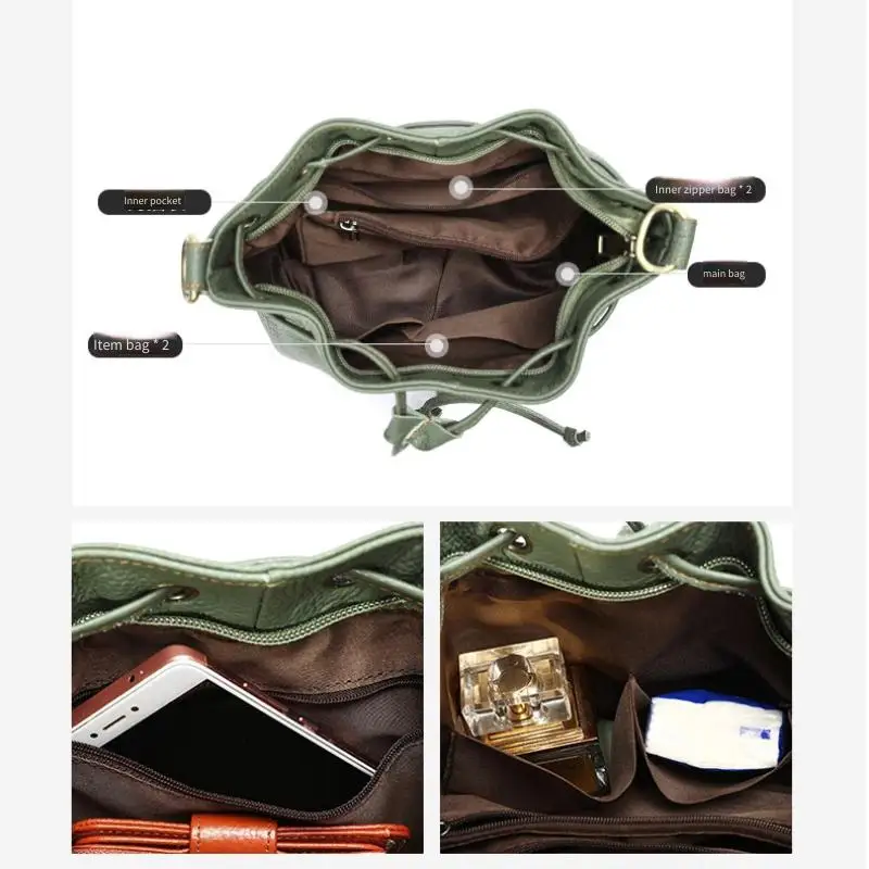 Women's Vintage Genuine Leather Drawstring Bucket Bag | Patchwork Casual Crossbody Shoulder Purse | Versatile Everyday Bag