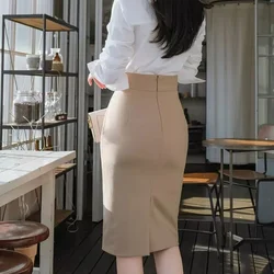 Drop Shipping Hip Fall Work Skirts for Women Khaki Midi Skirt with Slit High Waist Luxury Elegant Office Skirt Y2k Clothes