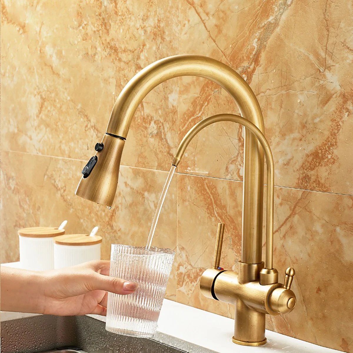 

Pull-out Swivel Brass Kitchen Faucet in Gold Finish - 360° Rotating Water Faucet for Sink, Premium Quality Sink Faucet