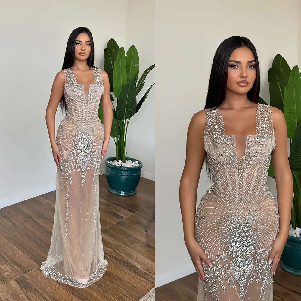 

Gorgeous Evening Dresses Mermaid Crystals Beaded Sleeveless Wedding Party Gown Dresses Customized فساتين سهرة