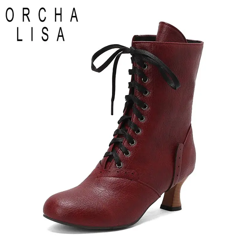 

ORCHA LISA New Design Women Mid Calf Boots Round Toe Strange Heels 5.5cm Lace Up Large Size 47 48 49 50 Retro Casual Daily Bota