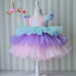 Sequin Girl Unicorn Rainbow Wedding Party Dress Girl Birthday Party Unicorn Role Playing Performance Dress Kids Clothing 4-10Yrs