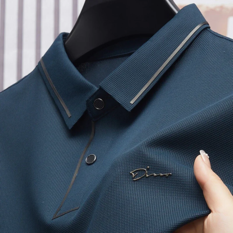 

Men's Ice Silk Quick Drying Top New Polo Shirt Seamless Top Luxury Cool Fabric Business Casual Golf Slim Fit Shirt Collar T-shir
