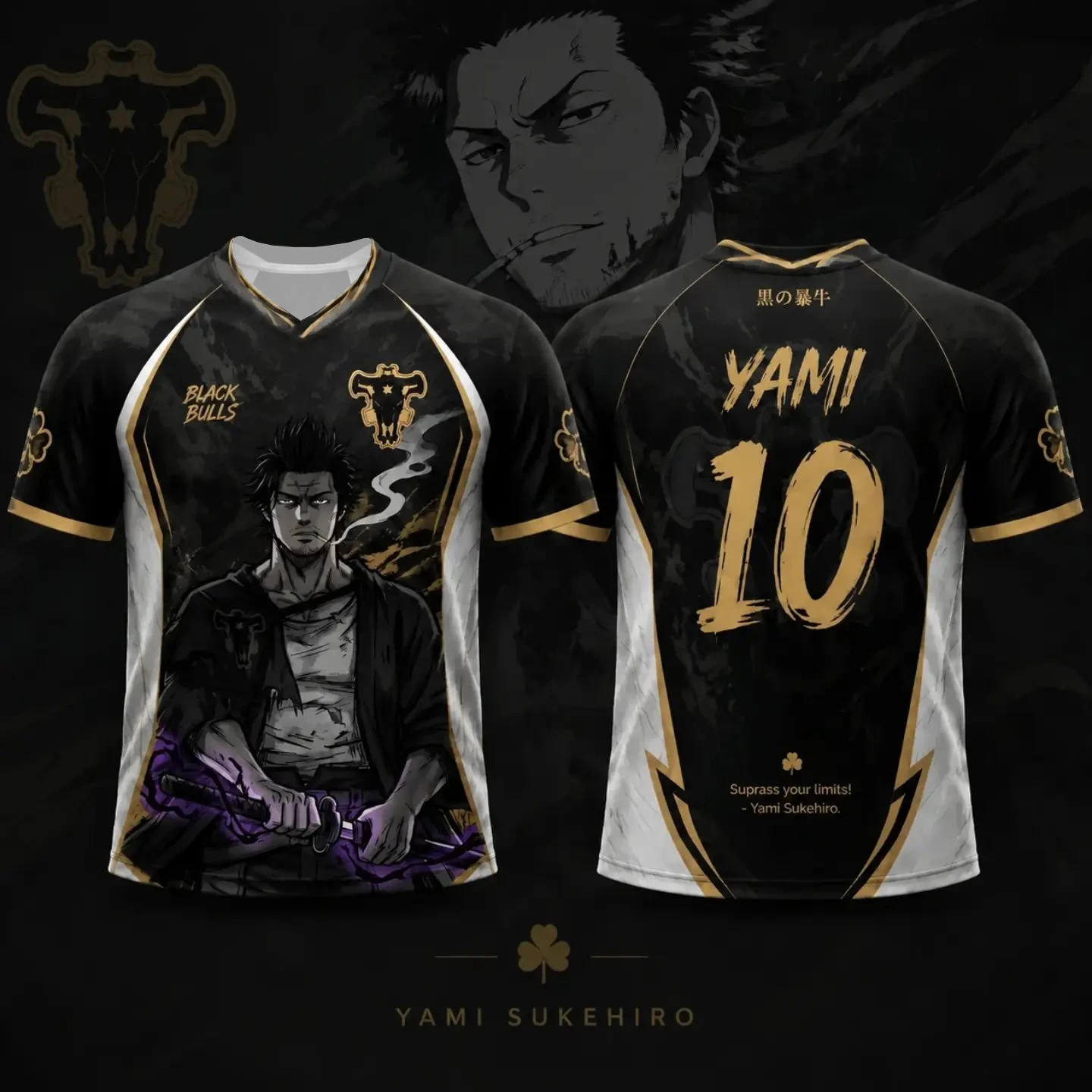 Camiseta de fútbol Bandai Anime Black Clover Yami Sukehiro, camiseta negra de los Bulls No.10 para hombre y mujer, ropa de calle Harajuku, camiseta de manga corta