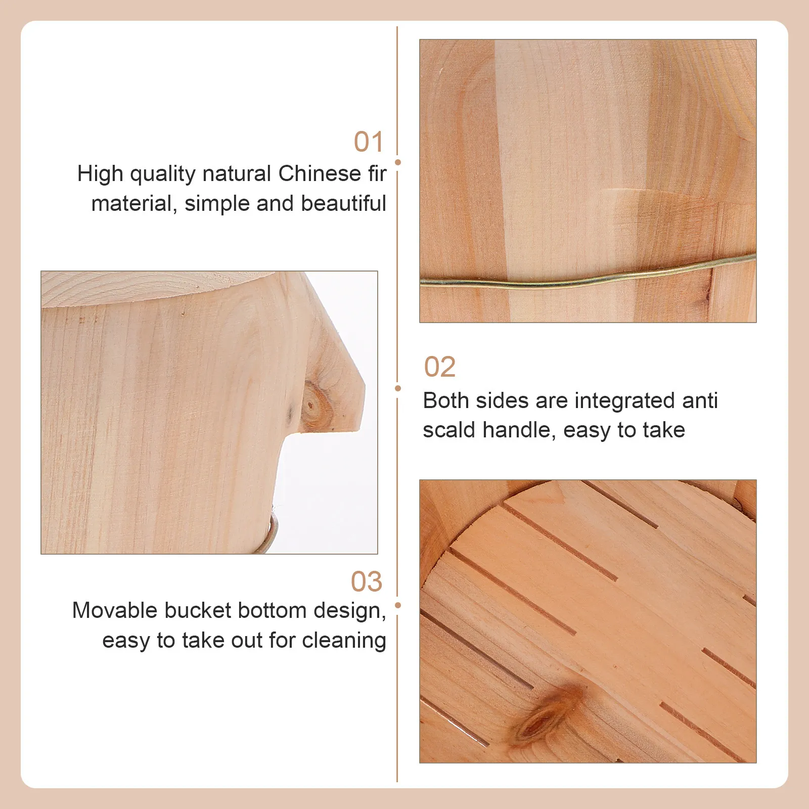 1Set Natural Wooden Rice Steamed Bucket Premium Hand Polished Smooth Surface Anti Scald Handle Movable Bottom Even Cooking