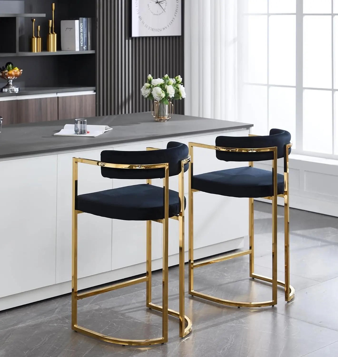 

Набор из 2 барных стульев из вельвета, высота 66 см, с золотыми ножками, с полой спинкой, обитые, для кухни, кафе, паба, черные, на заказ