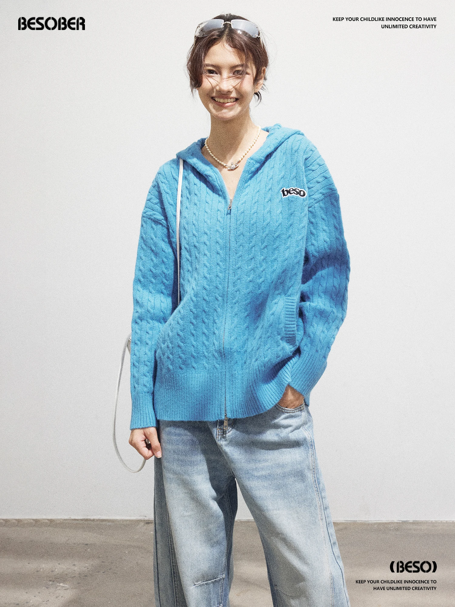 

BESOBER оригинальная свободная вязаная синяя шляпа с открытым кардиганом, женский осенний утягивающий свитер Jaet Ultra White Effect